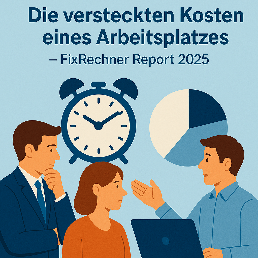 Illustration zu „Die versteckten Kosten eines Arbeitsplatzes“ – FixRechner Report 2025 mit Mitarbeitern, Uhr und Diagramm